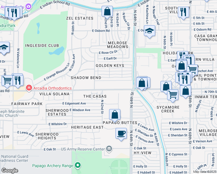 map of restaurants, bars, coffee shops, grocery stores, and more near 6310 East Thomas Road in Scottsdale