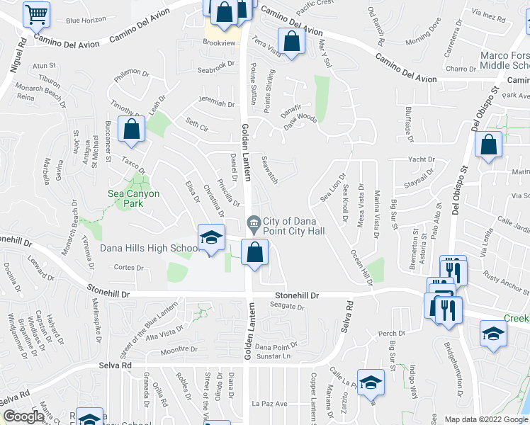map of restaurants, bars, coffee shops, grocery stores, and more near 33246 Ocean Ridge in Dana Point