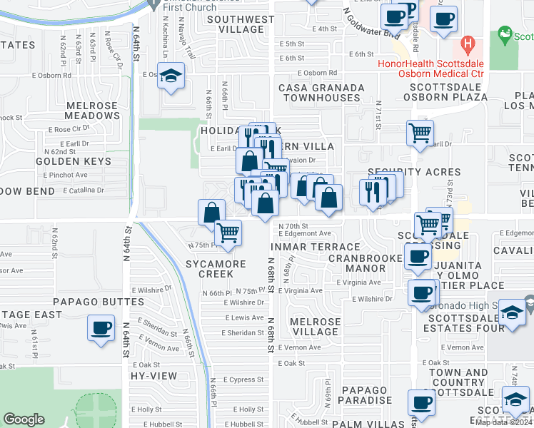 map of restaurants, bars, coffee shops, grocery stores, and more near 2902 North 68th Street in Scottsdale
