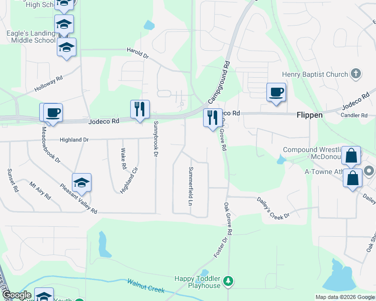 map of restaurants, bars, coffee shops, grocery stores, and more near 111 Summerfield Drive in McDonough