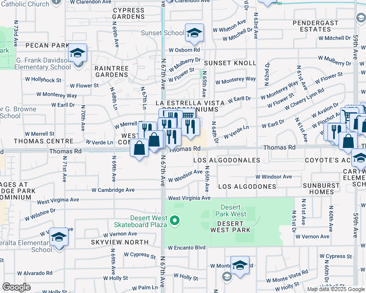 map of restaurants, bars, coffee shops, grocery stores, and more near 6544 West Thomas Road in Phoenix
