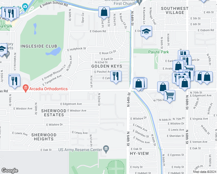 map of restaurants, bars, coffee shops, grocery stores, and more near 6320 East Thomas Road in Scottsdale