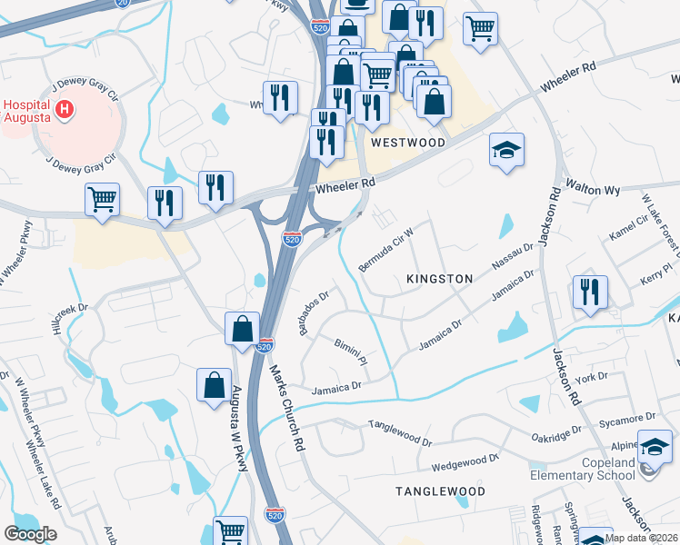 map of restaurants, bars, coffee shops, grocery stores, and more near 3629 Bermuda Circle East in Augusta