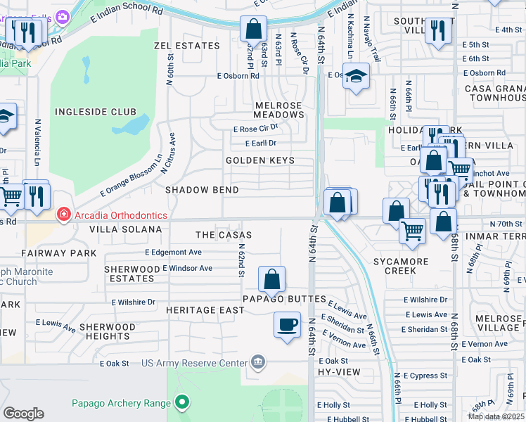 map of restaurants, bars, coffee shops, grocery stores, and more near 6320 East Thomas Road in Scottsdale