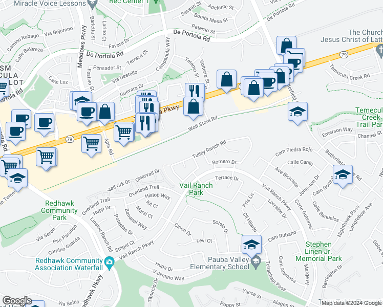 map of restaurants, bars, coffee shops, grocery stores, and more near 32828 Tulley Ranch Road in Temecula