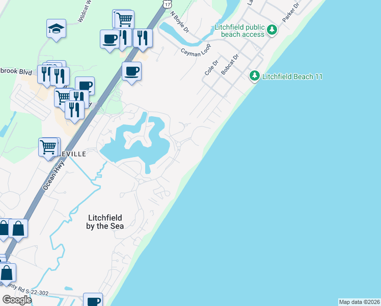 map of restaurants, bars, coffee shops, grocery stores, and more near 601 Retreat Beach Circle in Pawleys Island
