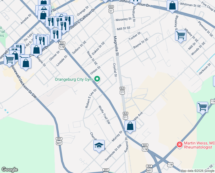 map of restaurants, bars, coffee shops, grocery stores, and more near 300-398 Broughton St in Orangeburg