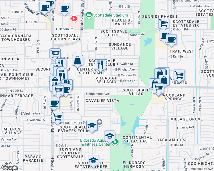 map of restaurants, bars, coffee shops, grocery stores, and more near 7543 East Thomas Road in Scottsdale