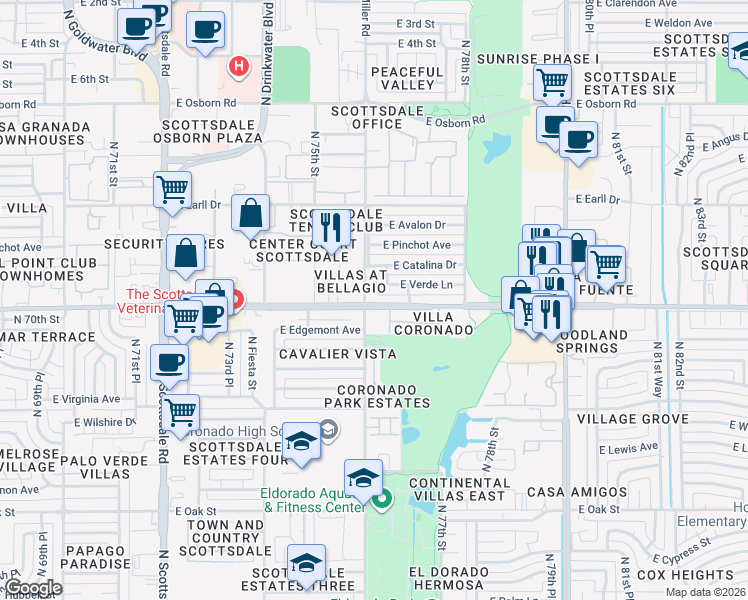 map of restaurants, bars, coffee shops, grocery stores, and more near 7628 East Edgemont Avenue in Scottsdale