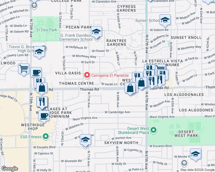 map of restaurants, bars, coffee shops, grocery stores, and more near 6939 West Thomas Road in Phoenix