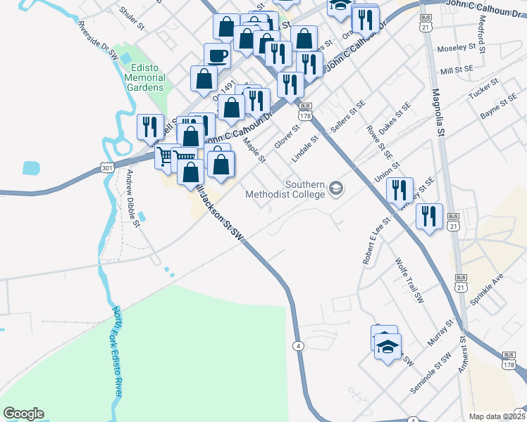 map of restaurants, bars, coffee shops, grocery stores, and more near 499 Fletcher Street Southwest in Orangeburg