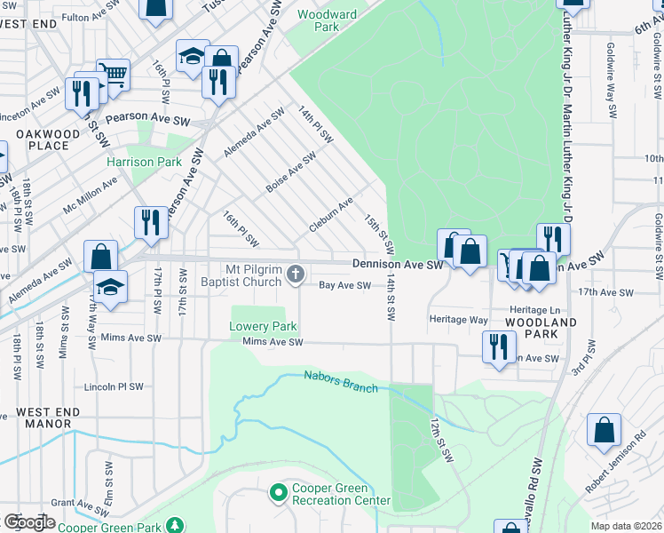 map of restaurants, bars, coffee shops, grocery stores, and more near 1543 Dennison Avenue Southwest in Birmingham
