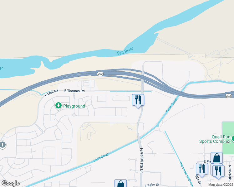 map of restaurants, bars, coffee shops, grocery stores, and more near 3442 East Riverdale Street in Mesa