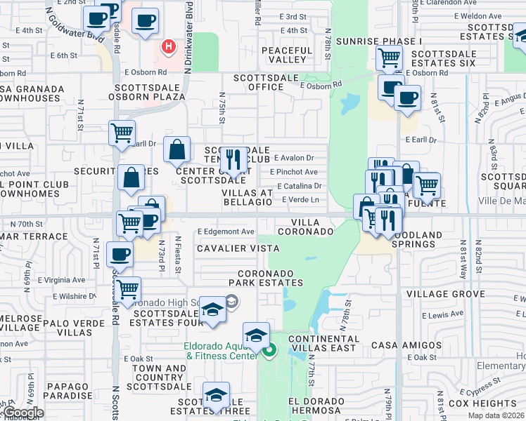 map of restaurants, bars, coffee shops, grocery stores, and more near 7628 East Edgemont Avenue in Scottsdale