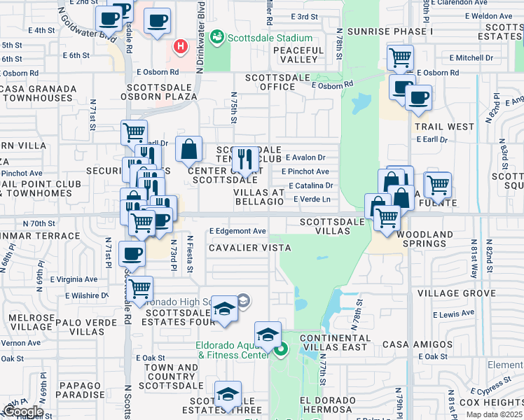 map of restaurants, bars, coffee shops, grocery stores, and more near 7543 East Thomas Road in Scottsdale