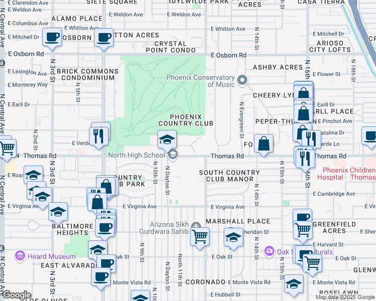 map of restaurants, bars, coffee shops, grocery stores, and more near in Phoenix