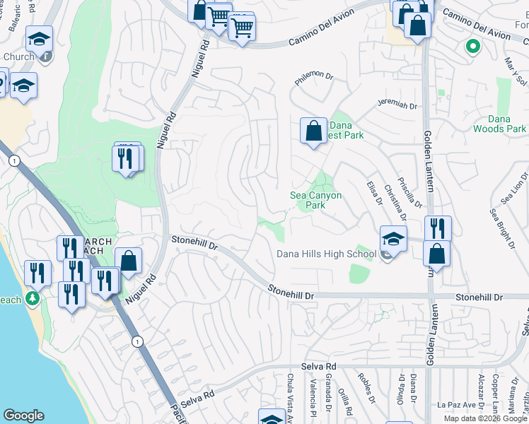 map of restaurants, bars, coffee shops, grocery stores, and more near 1 Tirremia Drive in Dana Point