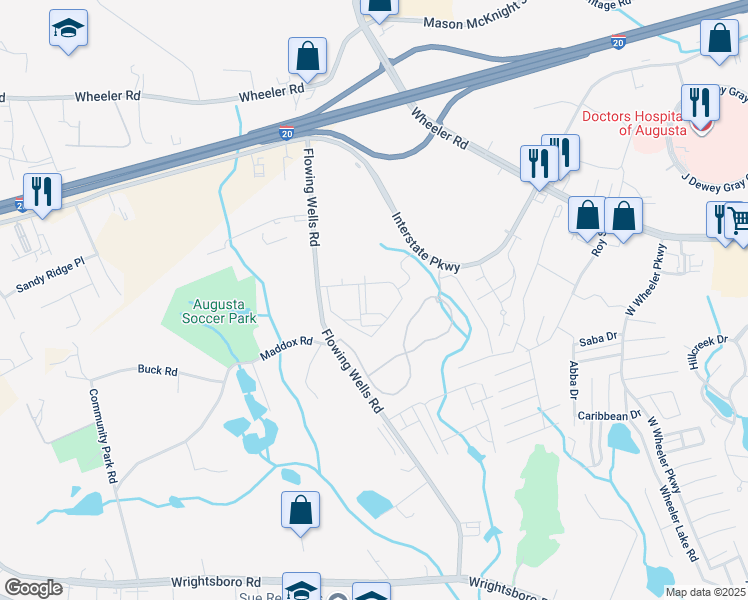 map of restaurants, bars, coffee shops, grocery stores, and more near 1304 Flowing Wells Road in Augusta
