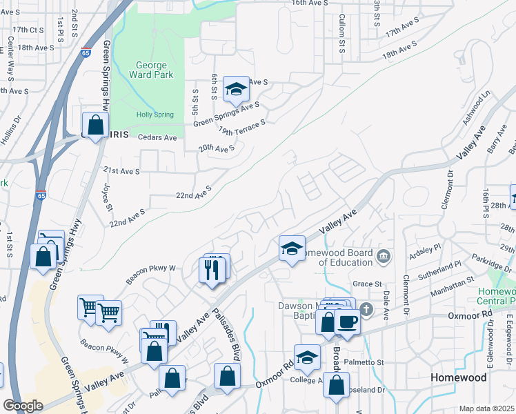 map of restaurants, bars, coffee shops, grocery stores, and more near 1251 Beacon Parkway West in Birmingham