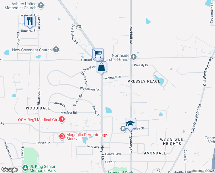 map of restaurants, bars, coffee shops, grocery stores, and more near 309 West Court in Starkville