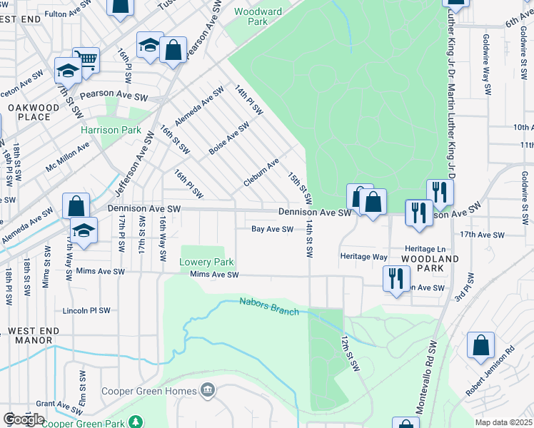 map of restaurants, bars, coffee shops, grocery stores, and more near 1539 Dennison Avenue Southwest in Birmingham