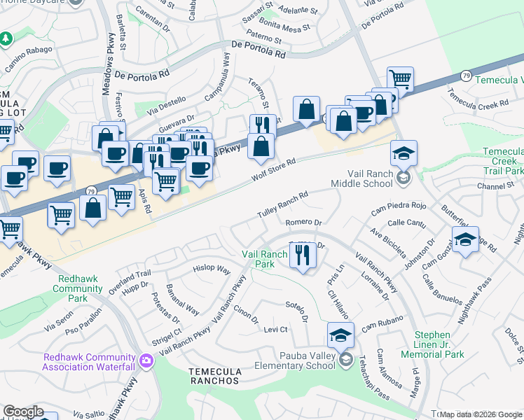 map of restaurants, bars, coffee shops, grocery stores, and more near 32836 Tulley Ranch Road in Temecula