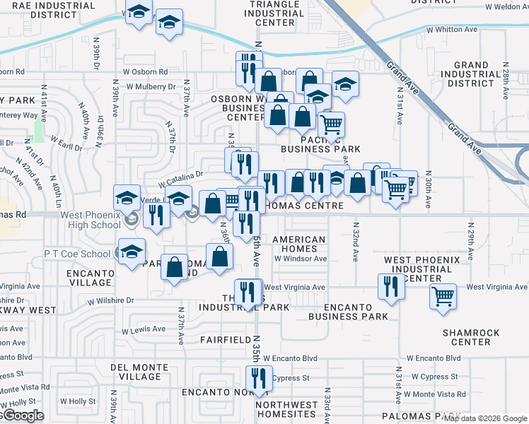 map of restaurants, bars, coffee shops, grocery stores, and more near 3443 West Thomas Road in Phoenix