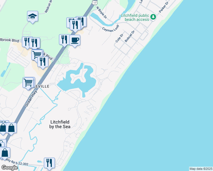 map of restaurants, bars, coffee shops, grocery stores, and more near 601 Retreat Beach Circle in Pawleys Island