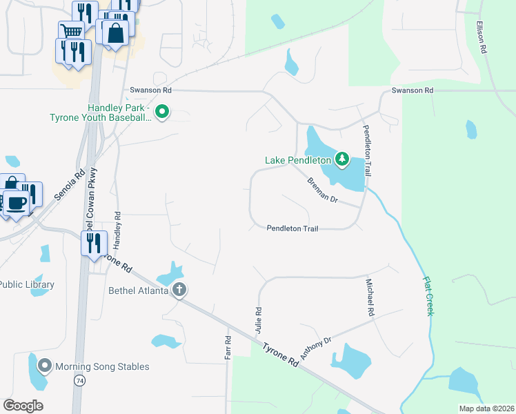 map of restaurants, bars, coffee shops, grocery stores, and more near 325 Pendleton Trail in Tyrone