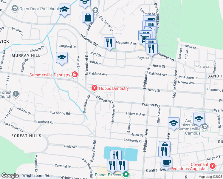 map of restaurants, bars, coffee shops, grocery stores, and more near 603 Peachtree Road in Augusta