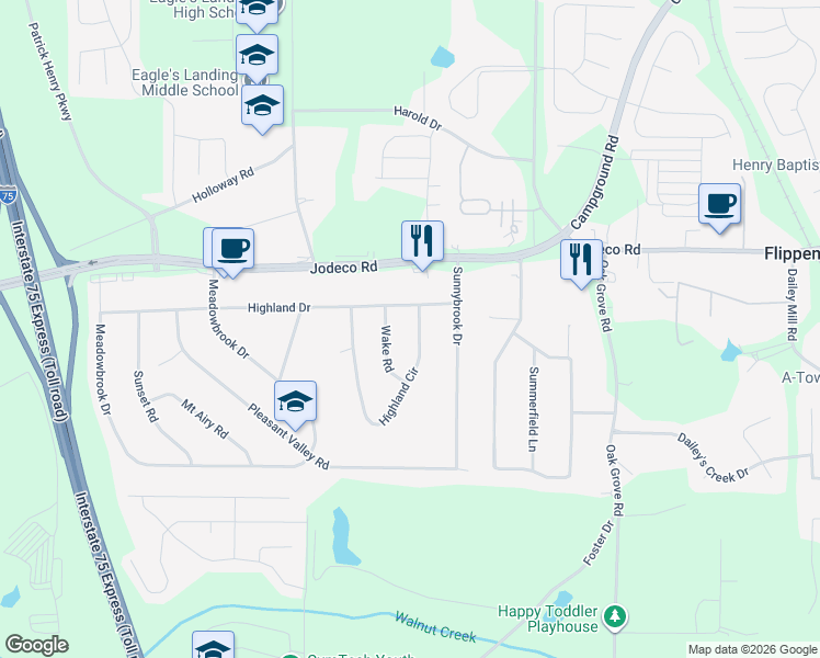 map of restaurants, bars, coffee shops, grocery stores, and more near 165 Highland Circle in McDonough