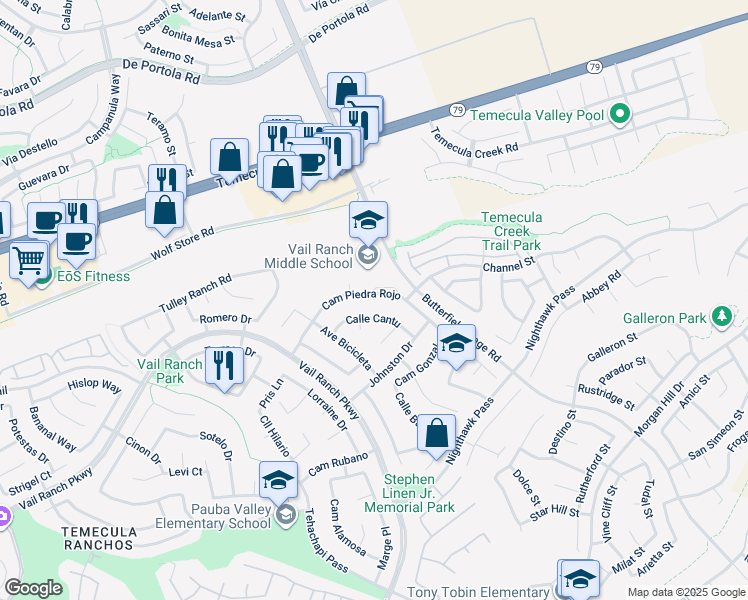 map of restaurants, bars, coffee shops, grocery stores, and more near 33355 Camino Piedra Rojo in Temecula