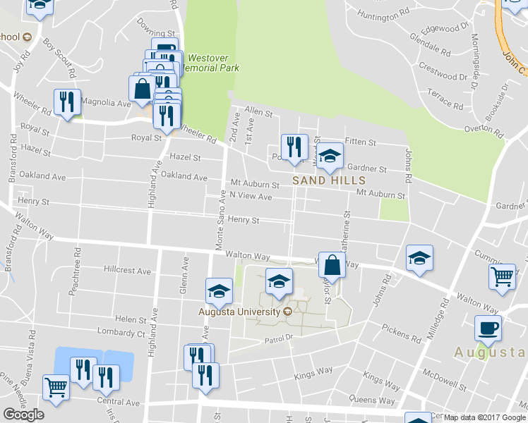 map of restaurants, bars, coffee shops, grocery stores, and more near 2511 Henry Street in Augusta