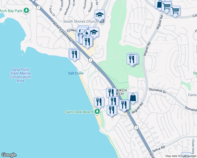 map of restaurants, bars, coffee shops, grocery stores, and more near 52 Ritz Cove Drive in Dana Point
