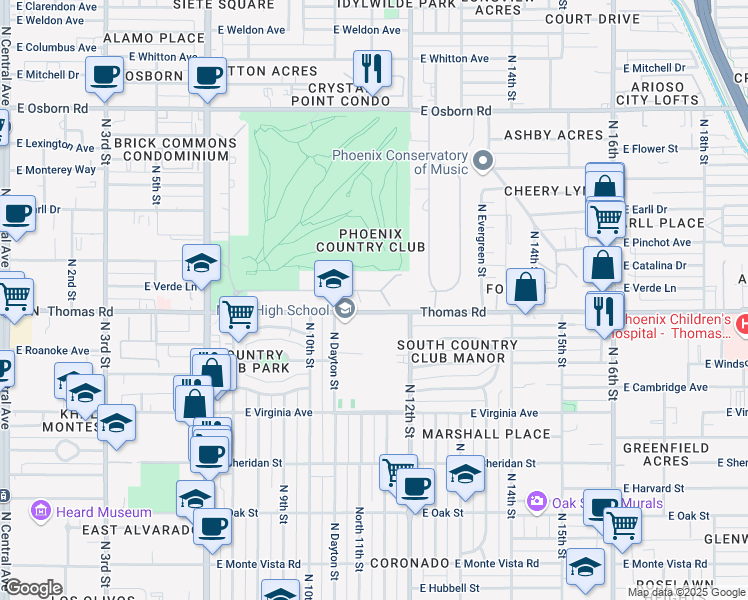 map of restaurants, bars, coffee shops, grocery stores, and more near 131 East Country Club Drive in Phoenix