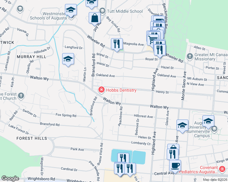 map of restaurants, bars, coffee shops, grocery stores, and more near 2801 Walton Way in Augusta