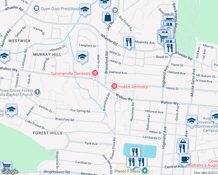 map of restaurants, bars, coffee shops, grocery stores, and more near 2903 Bransford Road in Augusta