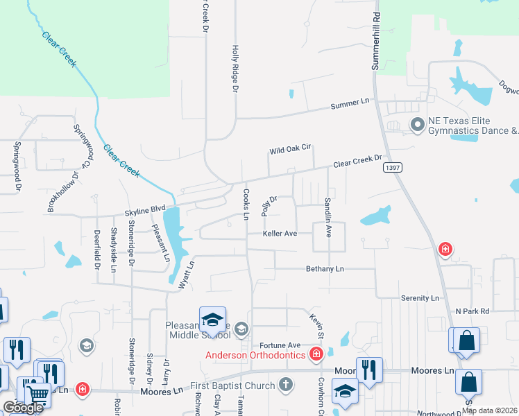 map of restaurants, bars, coffee shops, grocery stores, and more near 6201 Polly Drive in Texarkana