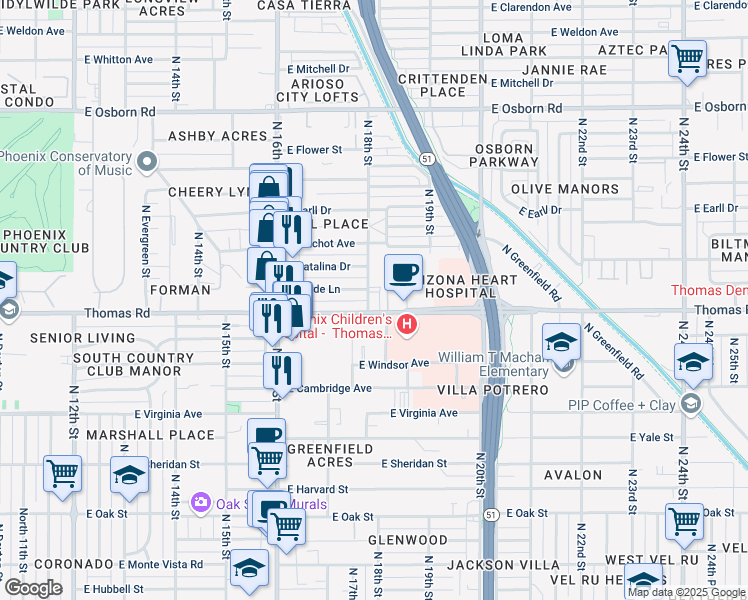 map of restaurants, bars, coffee shops, grocery stores, and more near 1741 East Thomas Road in Phoenix