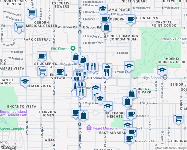 map of restaurants, bars, coffee shops, grocery stores, and more near 55 East Thomas Road in Phoenix