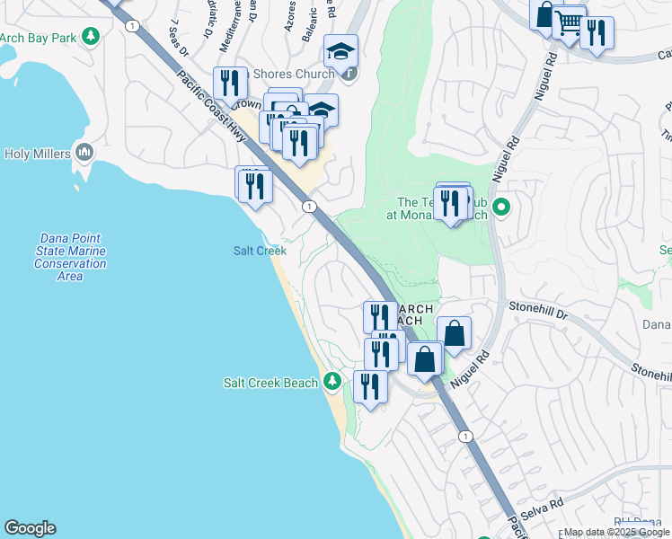 map of restaurants, bars, coffee shops, grocery stores, and more near 51 Ritz Cove Drive in Dana Point
