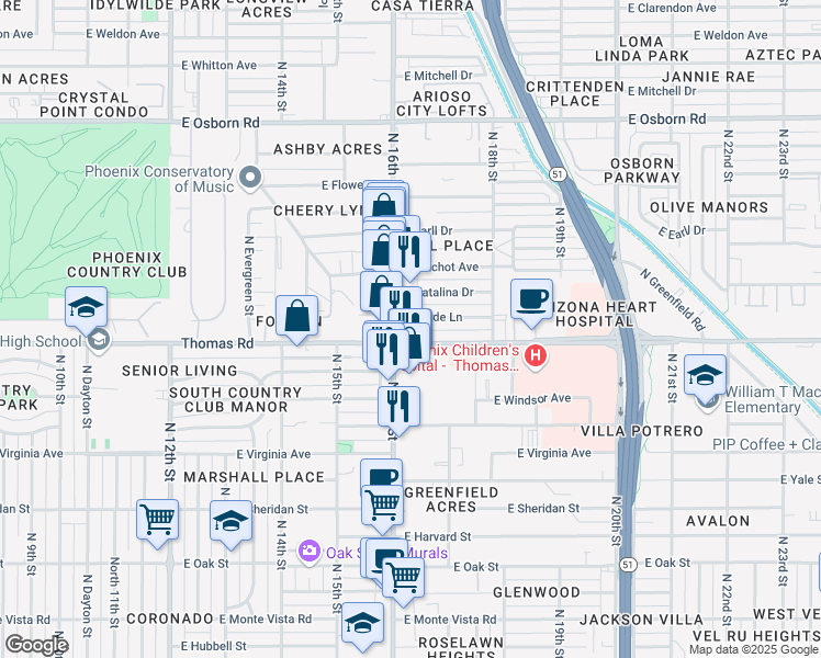 map of restaurants, bars, coffee shops, grocery stores, and more near 1617 East Thomas Road in Phoenix