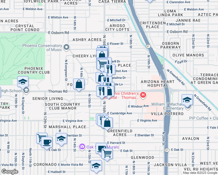 map of restaurants, bars, coffee shops, grocery stores, and more near 1617 East Thomas Road in Phoenix