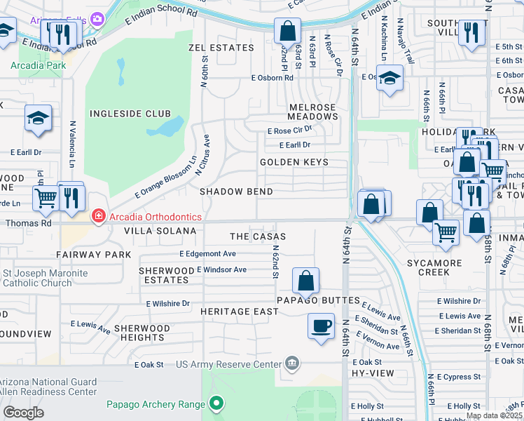 map of restaurants, bars, coffee shops, grocery stores, and more near 6210 East Thomas Road in Scottsdale