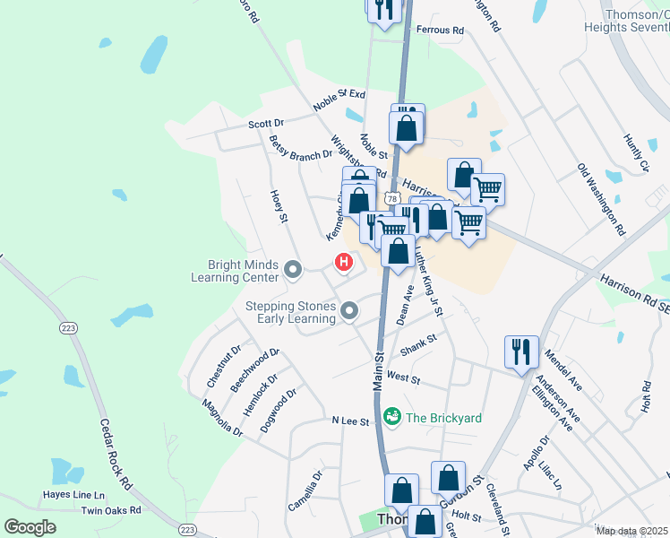 map of restaurants, bars, coffee shops, grocery stores, and more near 269 Dunn Street in Thomson