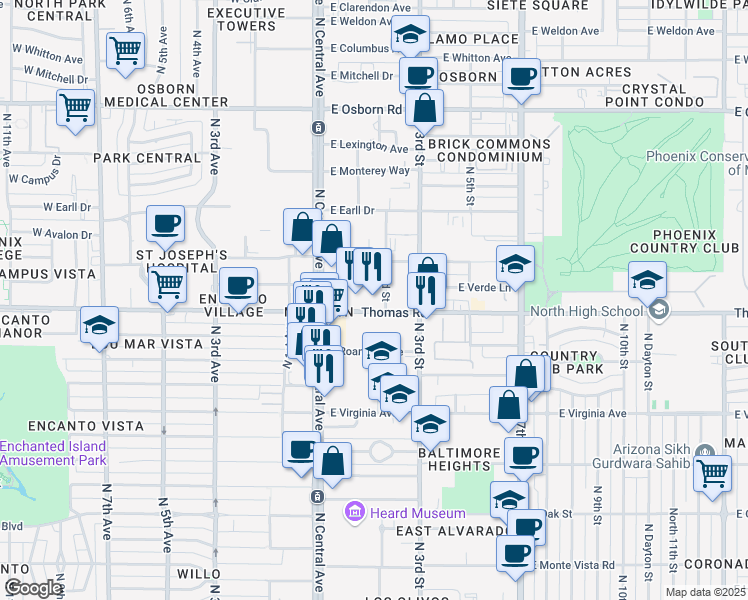 map of restaurants, bars, coffee shops, grocery stores, and more near 20 East Thomas Road in Phoenix