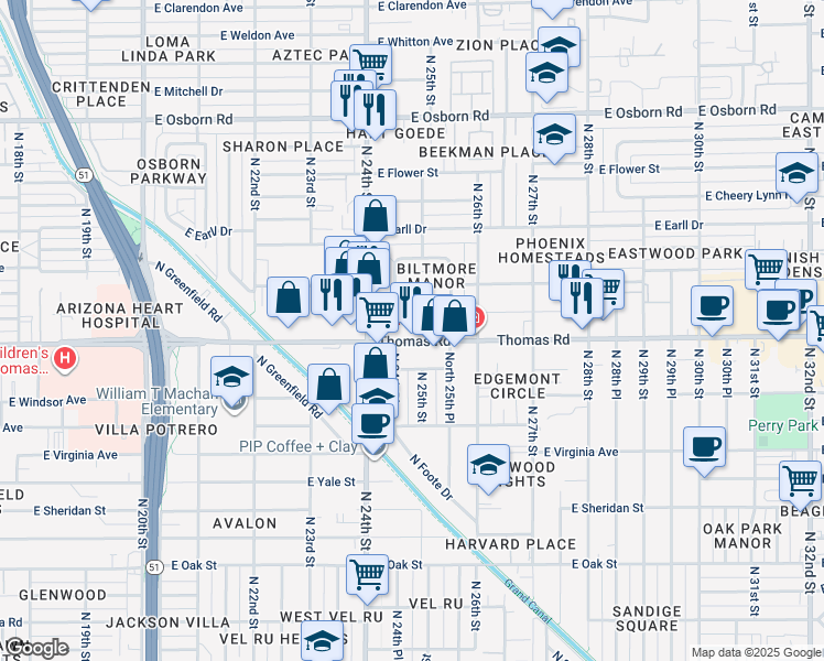 map of restaurants, bars, coffee shops, grocery stores, and more near 2425 East Thomas Road in Phoenix