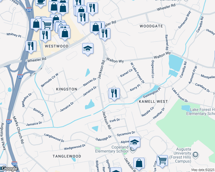 map of restaurants, bars, coffee shops, grocery stores, and more near 4240 Match Point Drive in Augusta