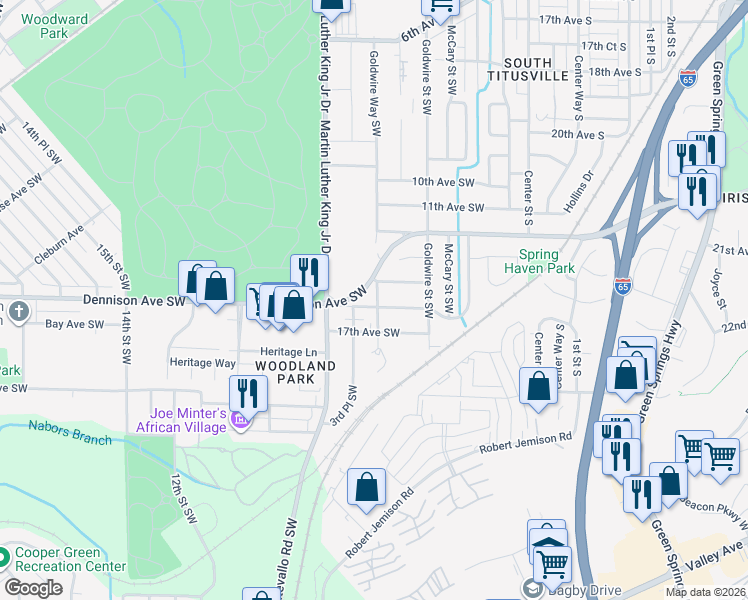map of restaurants, bars, coffee shops, grocery stores, and more near 316 17th Avenue Southwest in Birmingham