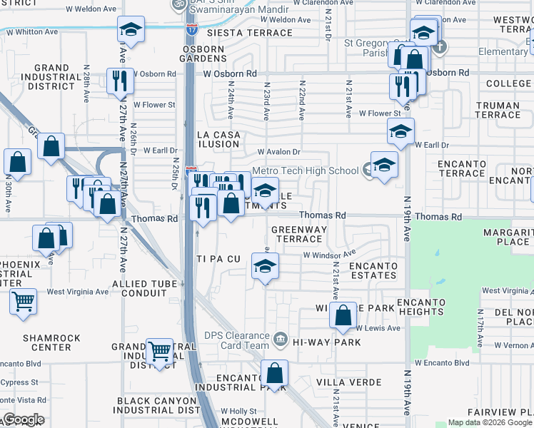 map of restaurants, bars, coffee shops, grocery stores, and more near W Thomas Rd & N 23rd Ave in Phoenix